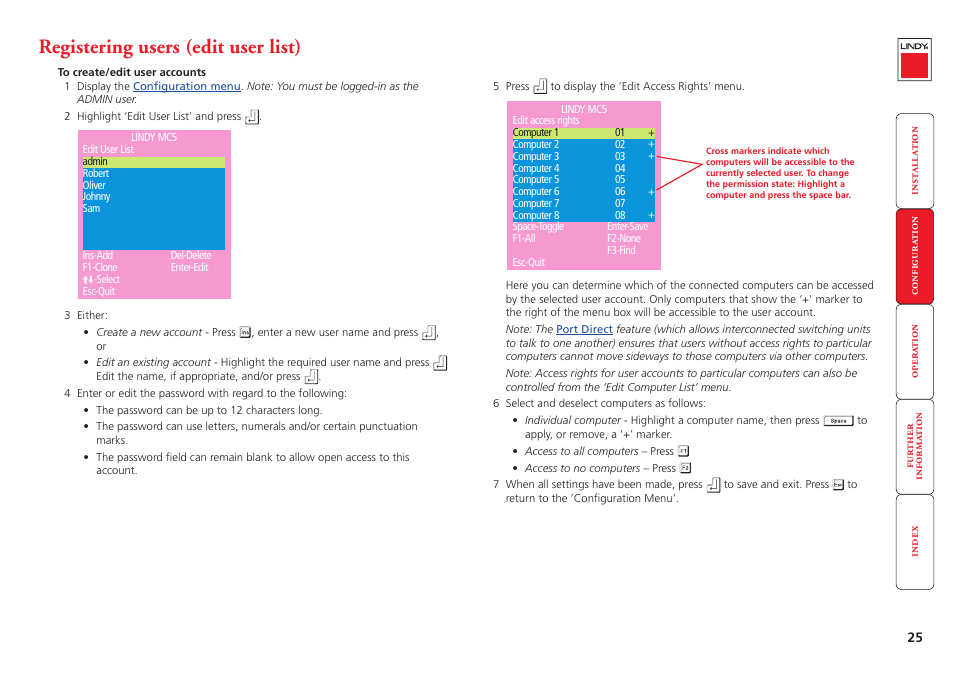 Registering users (edit user list), Create user accounts and allocate access rights | Lindy MC5-IP User Manual | Page 26 / 111