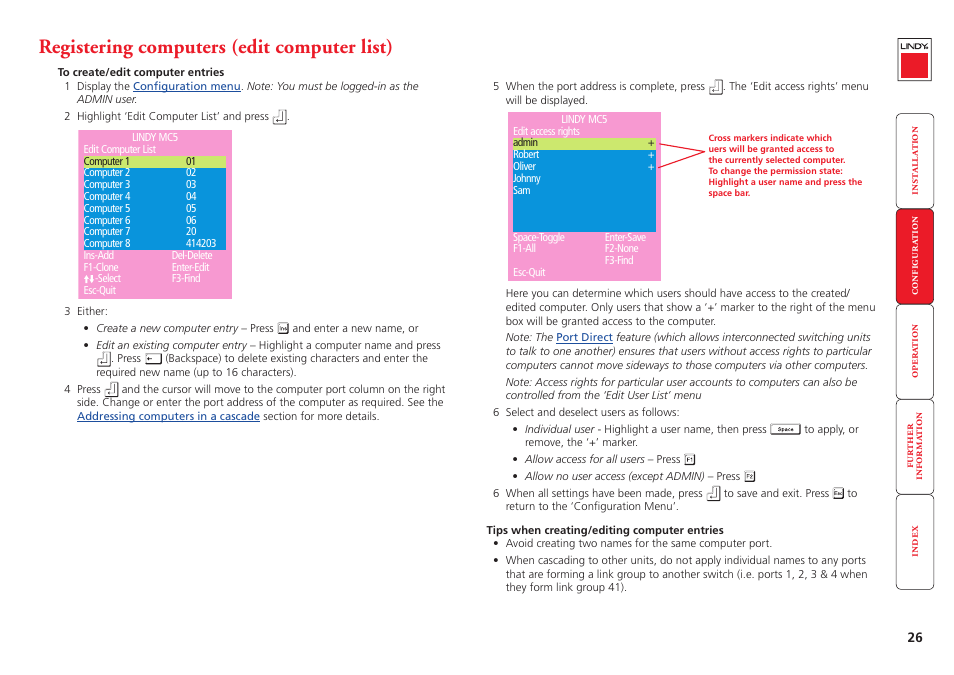 Registering computers (edit computer list), To create/edit computer, Names | Section in the configuration chapter for mor, Provide names for computers | Lindy MC5-IP User Manual | Page 27 / 111