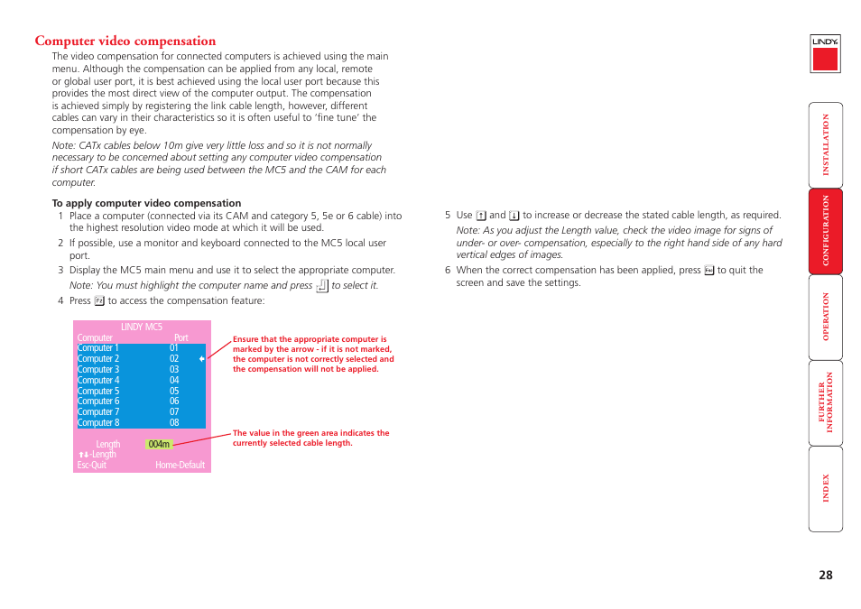 Computer video compensation, Fects caused by the cable run. see, Computer video | Compensation, Computer system and the mc5 unit. see | Lindy MC5-IP User Manual | Page 29 / 111