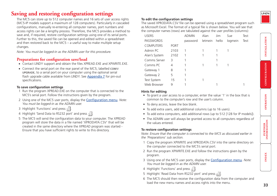 Saving and restoring configuration settings | Lindy MC5-IP User Manual | Page 34 / 111