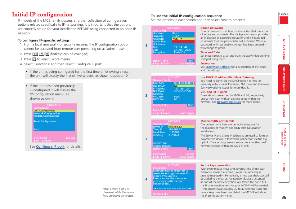Initial ip configuration, For more details. the, Configure the ip settings | Ough the, Initial ip, Configuration screens | Lindy MC5-IP User Manual | Page 37 / 111