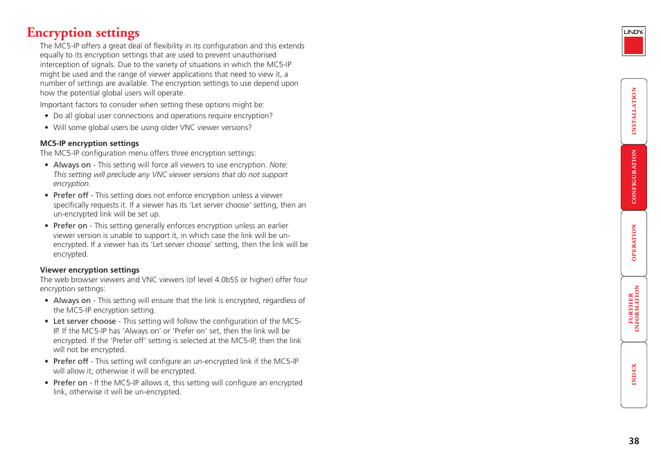 Encryption settings, For a description of the issues | Lindy MC5-IP User Manual | Page 39 / 111