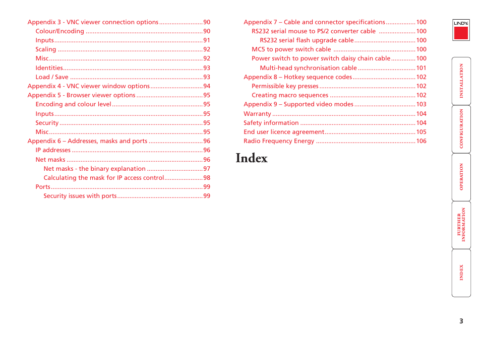 Index | Lindy MC5-IP User Manual | Page 4 / 111