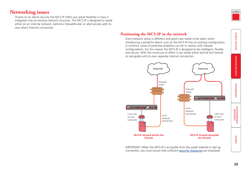 Networking issues, Positioning the mc5-ip in the network, Within the network - see | For mor | Lindy MC5-IP User Manual | Page 40 / 111
