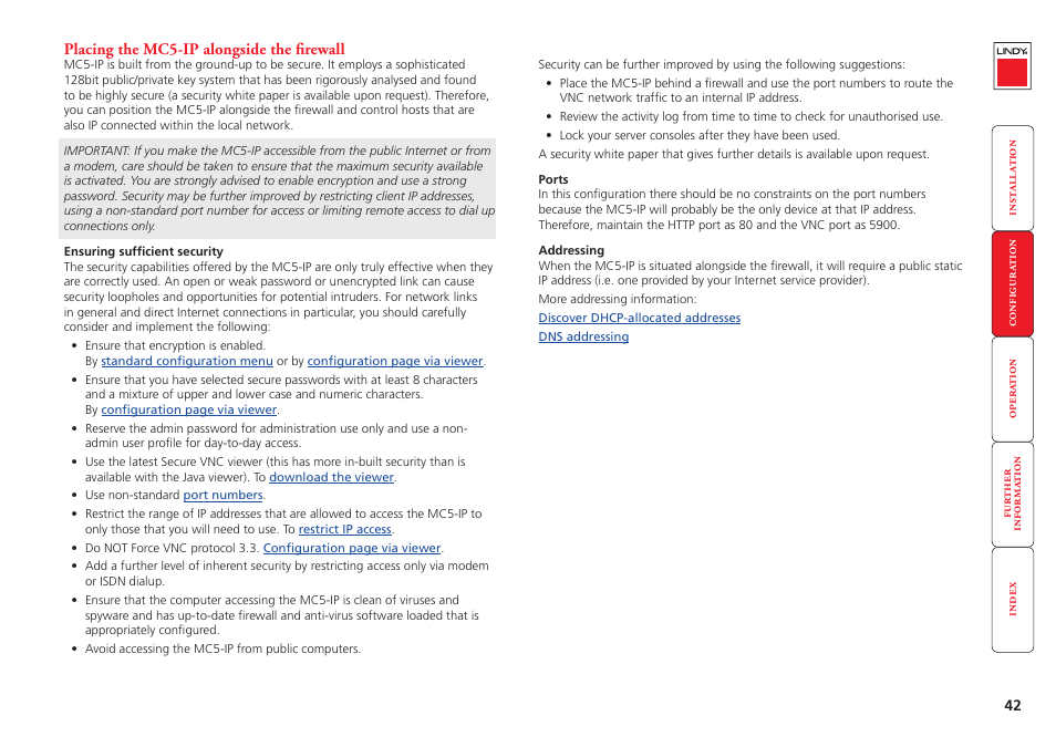 Placing the mc5-ip alongside the firewall, Security measures | Lindy MC5-IP User Manual | Page 43 / 111