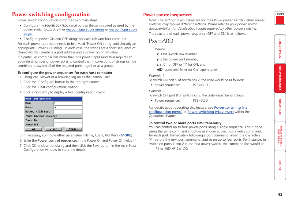 Power switching configuration, Configure the power strings, Power switching | Configuration, Section within the configuration chapter, Pxy=z\0d | Lindy MC5-IP User Manual | Page 44 / 111