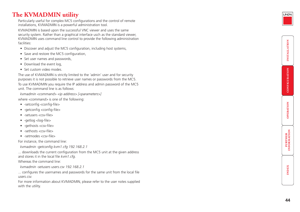 The kvmadmin utility | Lindy MC5-IP User Manual | Page 45 / 111