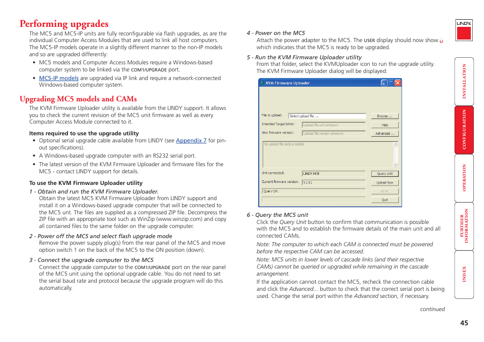 Performing upgrades, Upgrading mc5 models and cams | Lindy MC5-IP User Manual | Page 46 / 111