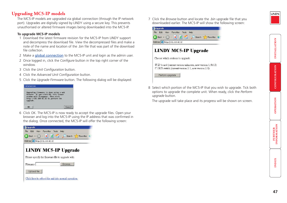 Upgrading mc5-ip models, Ip models, Are upgraded via ip link and r | Lindy MC5-IP User Manual | Page 48 / 111