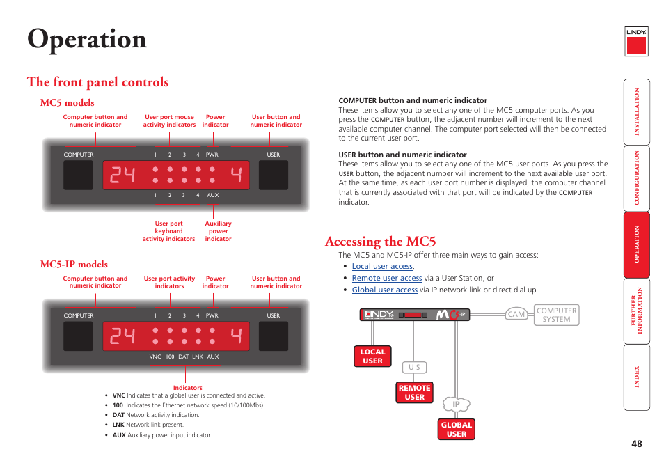 Operation, The front panel controls, Mc5 models | Mc5-ip models, Accessing the mc5, 48 mc5-ip models | Lindy MC5-IP User Manual | Page 49 / 111