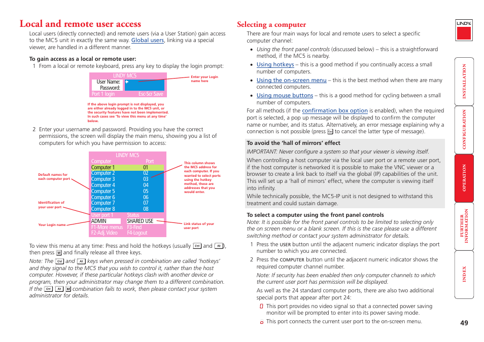 Local and remote user access, Selecting a computer, Select the port | Local, User, Remote, Local user, Remote user | Lindy MC5-IP User Manual | Page 50 / 111