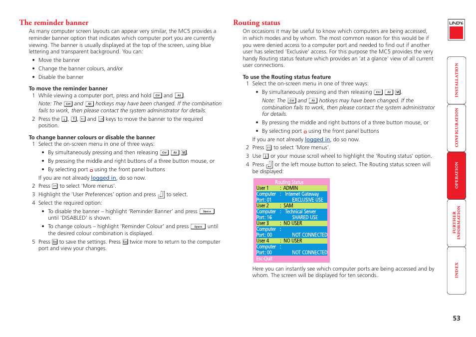 The reminder banner, Routing status, 53 routing status | Lindy MC5-IP User Manual | Page 54 / 111