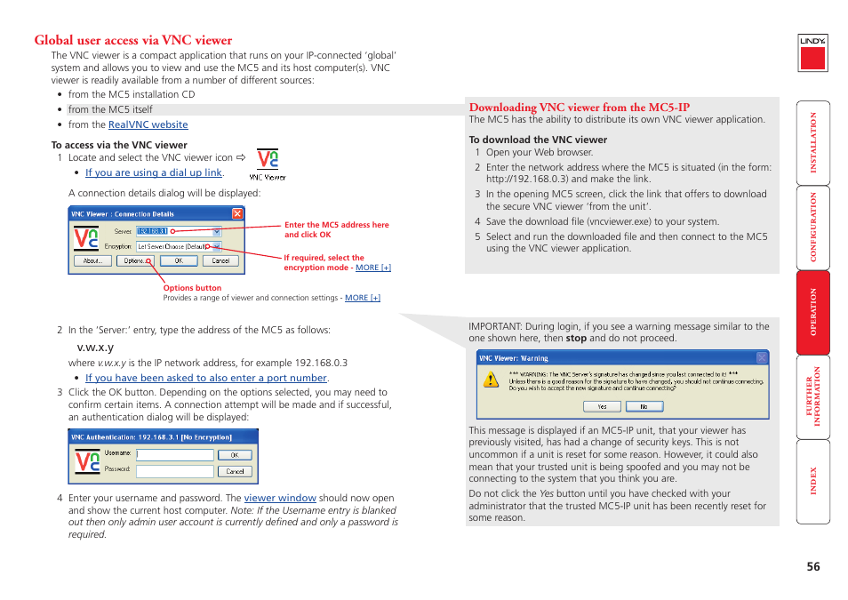 Global user access via vnc viewer, The vnc viewer, A small application supplied on the cd-rom or | Download the viewer | Lindy MC5-IP User Manual | Page 57 / 111