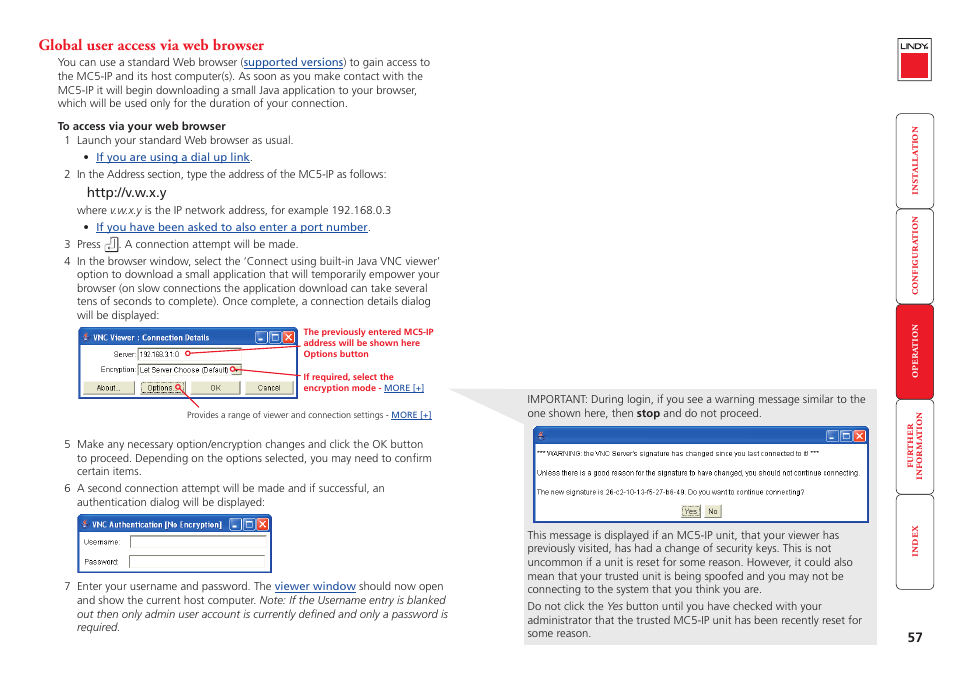 Global user access via web browser, A standard browser that supports java | Lindy MC5-IP User Manual | Page 58 / 111