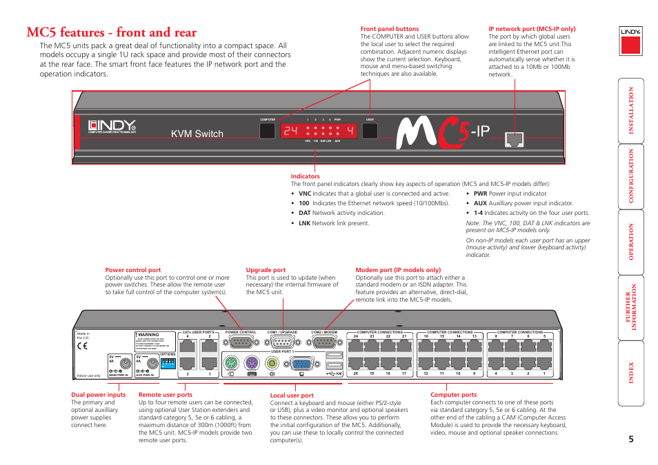 Mc5 features - front and rear, Kvm switch | Lindy MC5-IP User Manual | Page 6 / 111