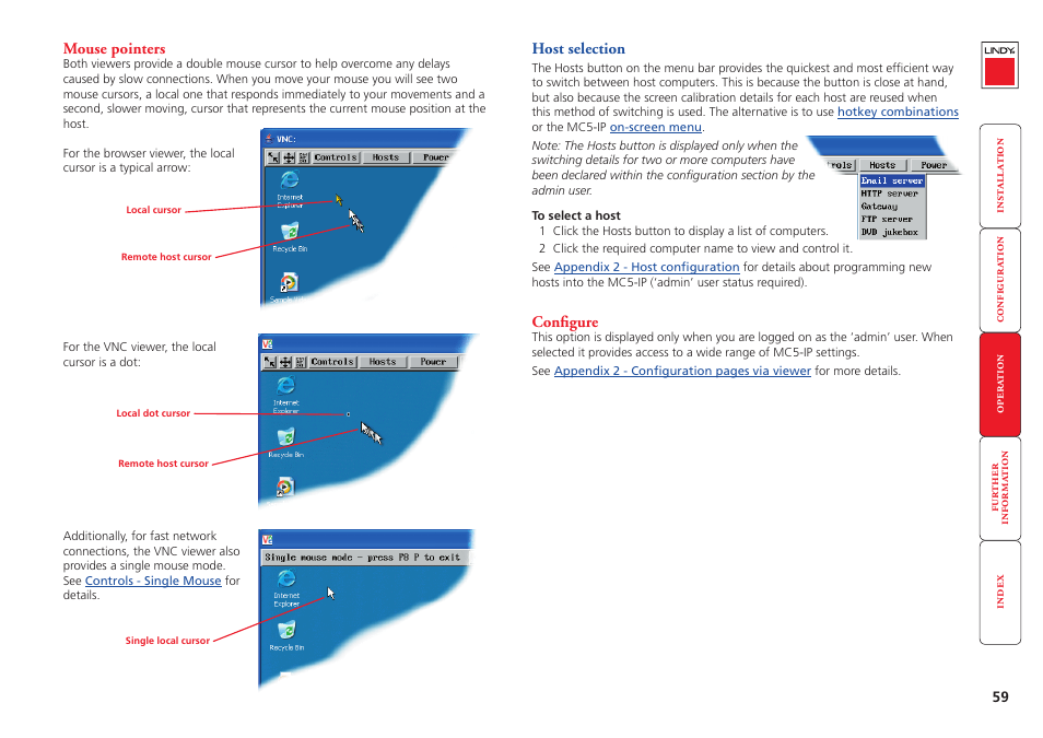 Mouse pointers, Configure, 59 configure | Hosts, Ed computer by name. see, Host selection | Lindy MC5-IP User Manual | Page 60 / 111