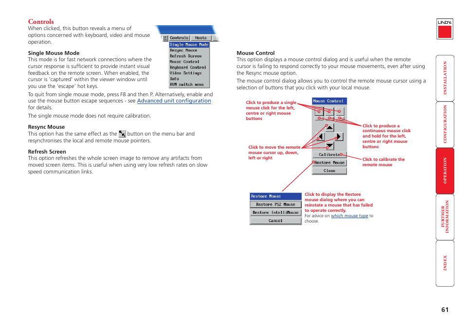 Controls, Een’ option. see, Controls - single mouse | Lindy MC5-IP User Manual | Page 62 / 111