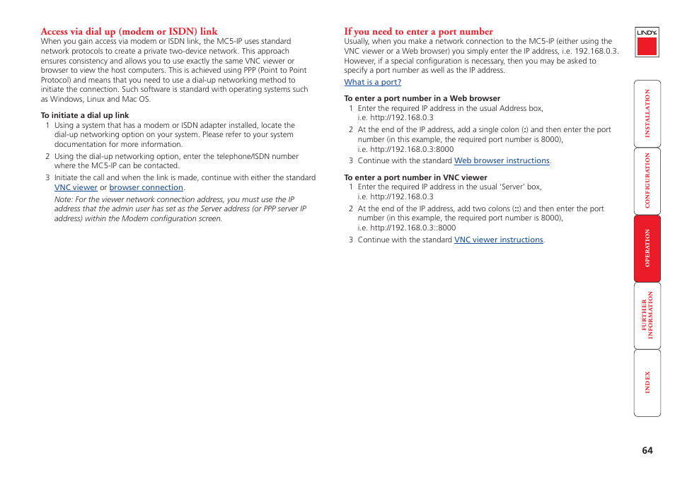 Access via dial up (modem or isdn) link, If you need to enter a port number, 64 if you need to enter a port number | If you are using a dial up link, If you have been asked to also enter a port number | Lindy MC5-IP User Manual | Page 65 / 111