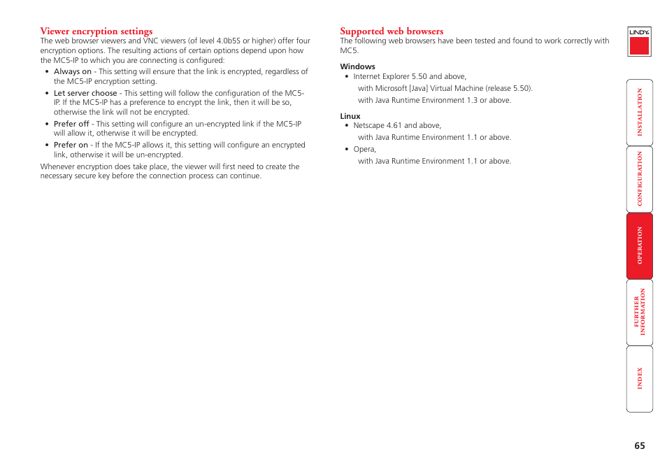 Viewer encryption settings, Supported web browsers, 65 supported web browsers | Encryption mode, More, Supported versions | Lindy MC5-IP User Manual | Page 66 / 111