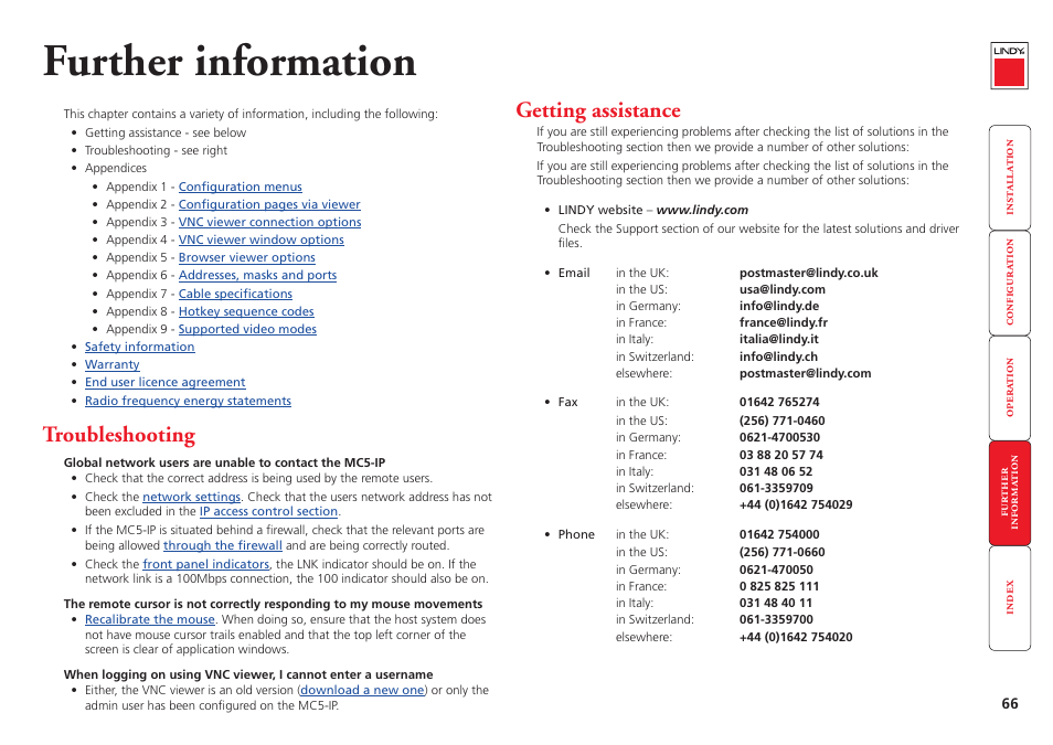 Further information, Troubleshooting, Getting assistance | 66 getting assistance | Lindy MC5-IP User Manual | Page 67 / 111