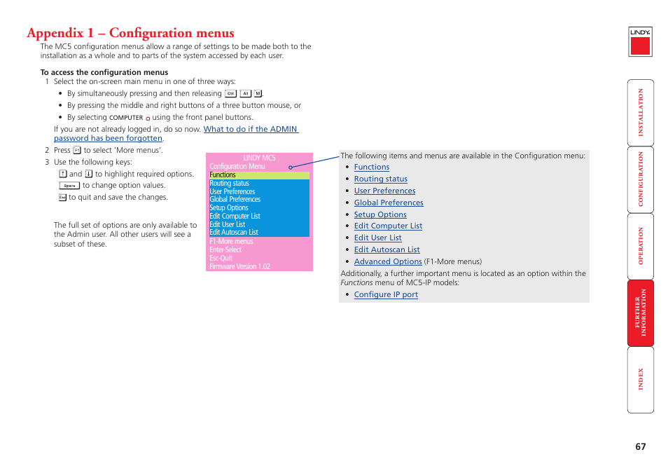 Appendix 1 – configuration menus, Appendix 1, E discussed within | Efer to, Appendix 1 - configuration menus, Configuration menus | Lindy MC5-IP User Manual | Page 68 / 111