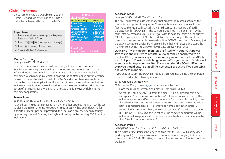 Global preferences, Switching’ option is enabled. see, For more details | Lindy MC5-IP User Manual | Page 71 / 111