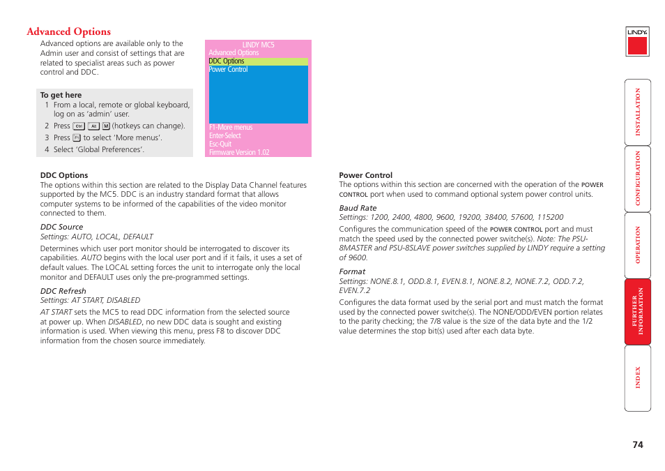 Advanced options, Power switch box(es), either, Via configuration menu | F1-mor | Lindy MC5-IP User Manual | Page 75 / 111