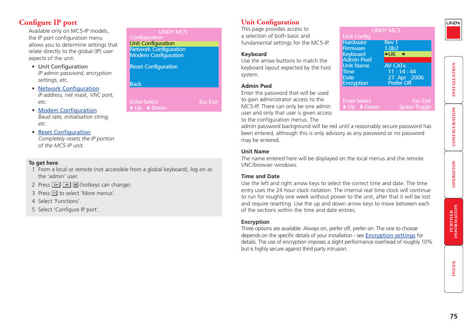 Configure ip port, Unit configuration, For details | Standard configuration menu, Es. see | Lindy MC5-IP User Manual | Page 76 / 111