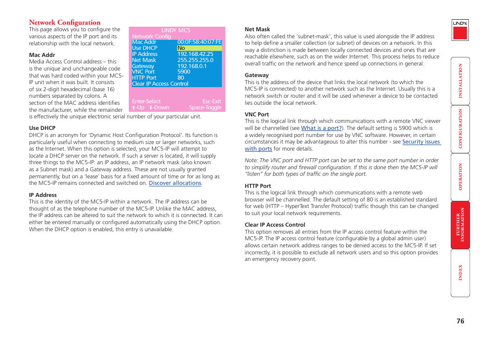 Network configuration, Standard configuration menus, Check the | Network settings | Lindy MC5-IP User Manual | Page 77 / 111