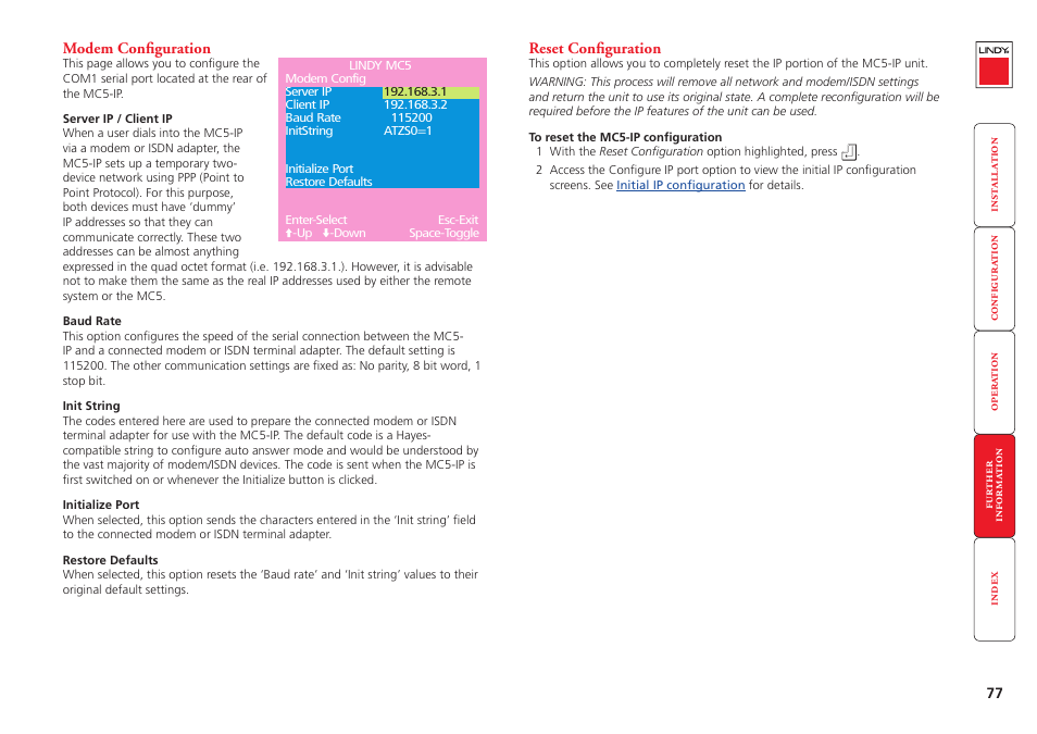 Modem configuration, Reset configuration, 77 reset configuration | Lindy MC5-IP User Manual | Page 78 / 111