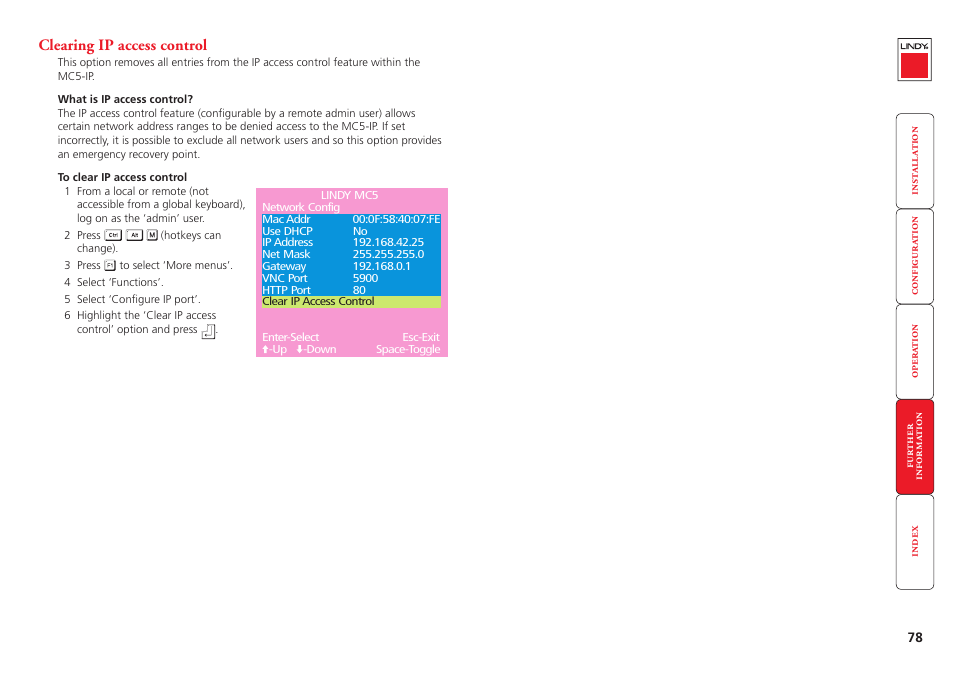 Clearing ip access control | Lindy MC5-IP User Manual | Page 79 / 111