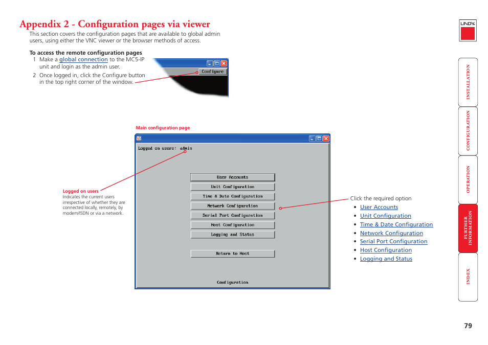 Appendix 2, In the ‘further information’ chapter, Configure | Appendix 2 - configuration pages via viewer | Lindy MC5-IP User Manual | Page 80 / 111