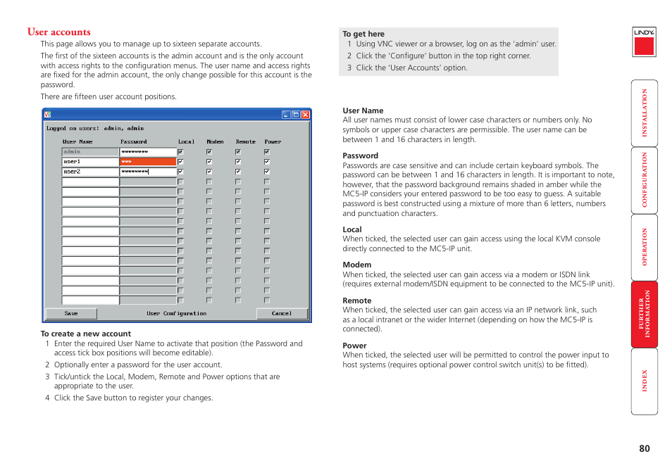 User accounts | Lindy MC5-IP User Manual | Page 81 / 111