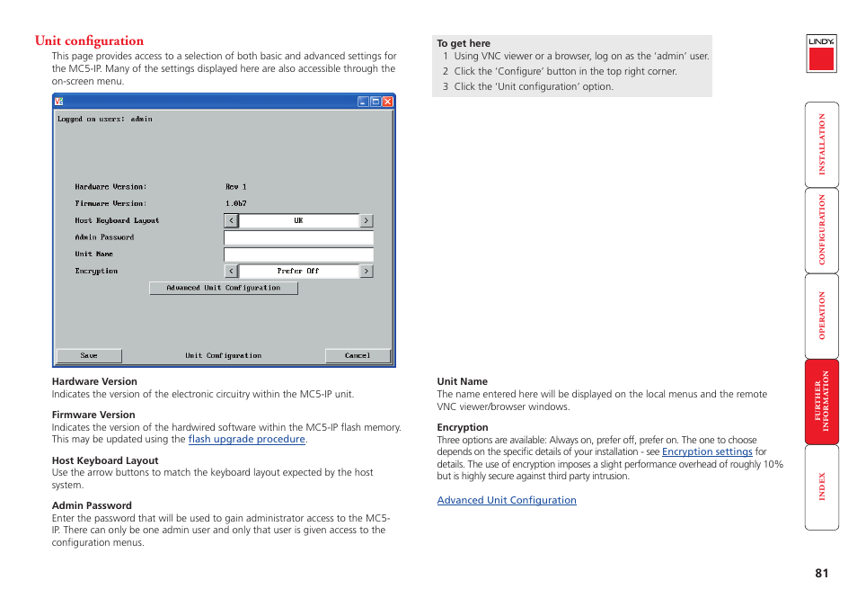 Unit configuration | Lindy MC5-IP User Manual | Page 82 / 111