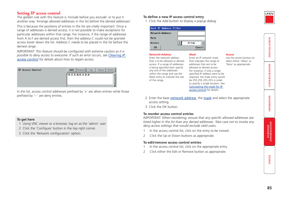 Setting ip access control, Restrict ip access, Ip access control section | Be permitted. see | Lindy MC5-IP User Manual | Page 86 / 111