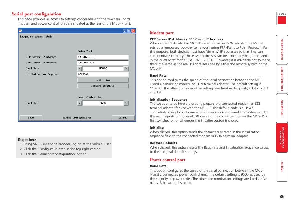 Serial port configuration, Via configuration | Lindy MC5-IP User Manual | Page 87 / 111