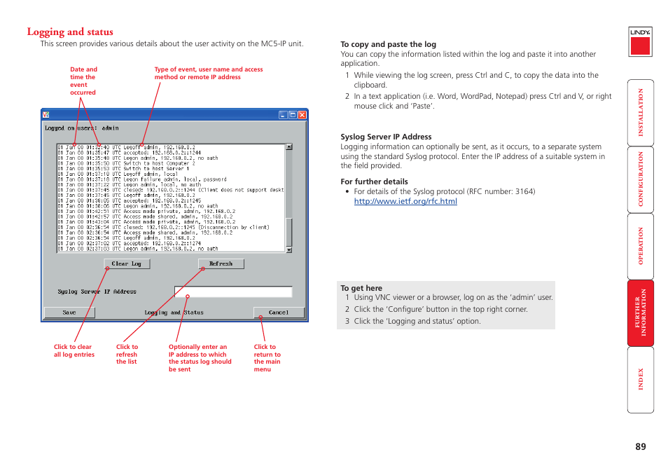 Logging and status | Lindy MC5-IP User Manual | Page 90 / 111