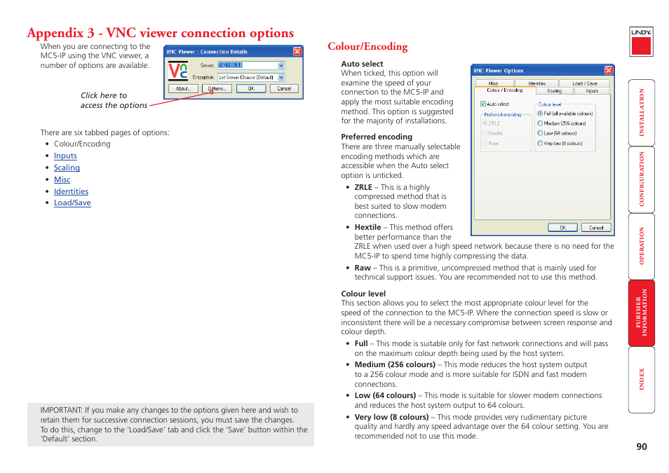 Appendix 3 - vnc viewer connection options, Colour/encoding, Ovides a range of viewer and connection settings | More, Options, Low (64 colours), Mode. the v, Vnc viewer connection options | Lindy MC5-IP User Manual | Page 91 / 111