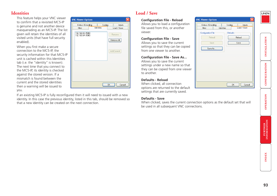 Identities, Load / save, 93 load / save | Load/save | Lindy MC5-IP User Manual | Page 94 / 111