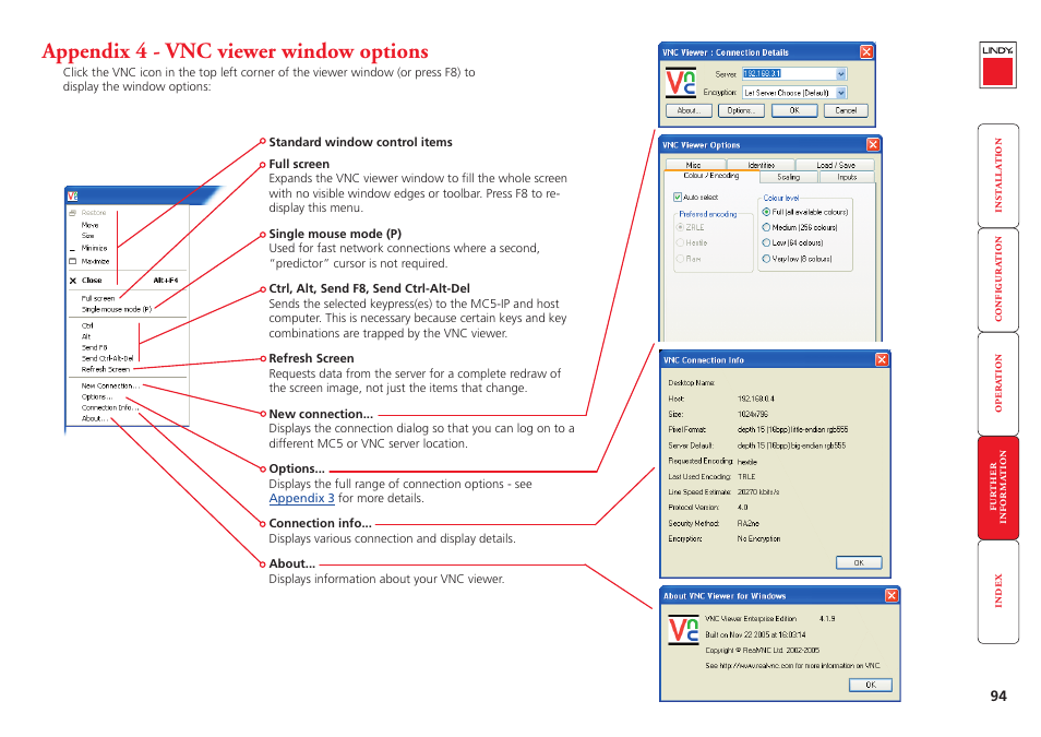Appendix 4 - vnc viewer window options, Viewer options, Vnc viewer window options | Lindy MC5-IP User Manual | Page 95 / 111