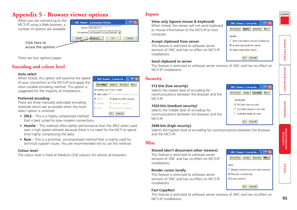 Appendix 5 - browser viewer options, Encoding and colour level, Inputs | Security, Misc, 95 inputs, 95 security, 95 misc, Ovides a range of viewer and connection settings, More | Lindy MC5-IP User Manual | Page 96 / 111