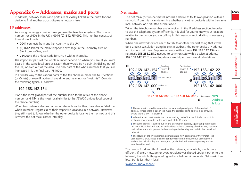 Appendix 6 – addresses, masks and ports, Ip addresses, Net masks | 96 net masks, Addresses, masks and ports, Ip address, Can be, Also often called the, Subnet-mask, This value is used alongside the ip addr | Lindy MC5-IP User Manual | Page 97 / 111