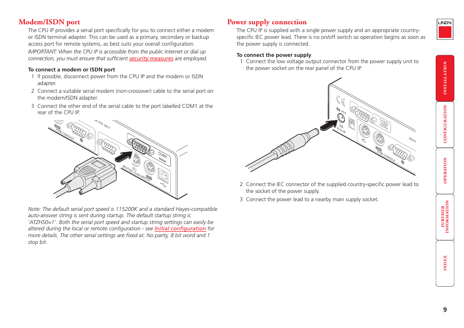 Modem/isdn port, Power supply connection, 9 power supply connection | Power input | Lindy CPU IP Access Switch Plus User Manual | Page 10 / 64