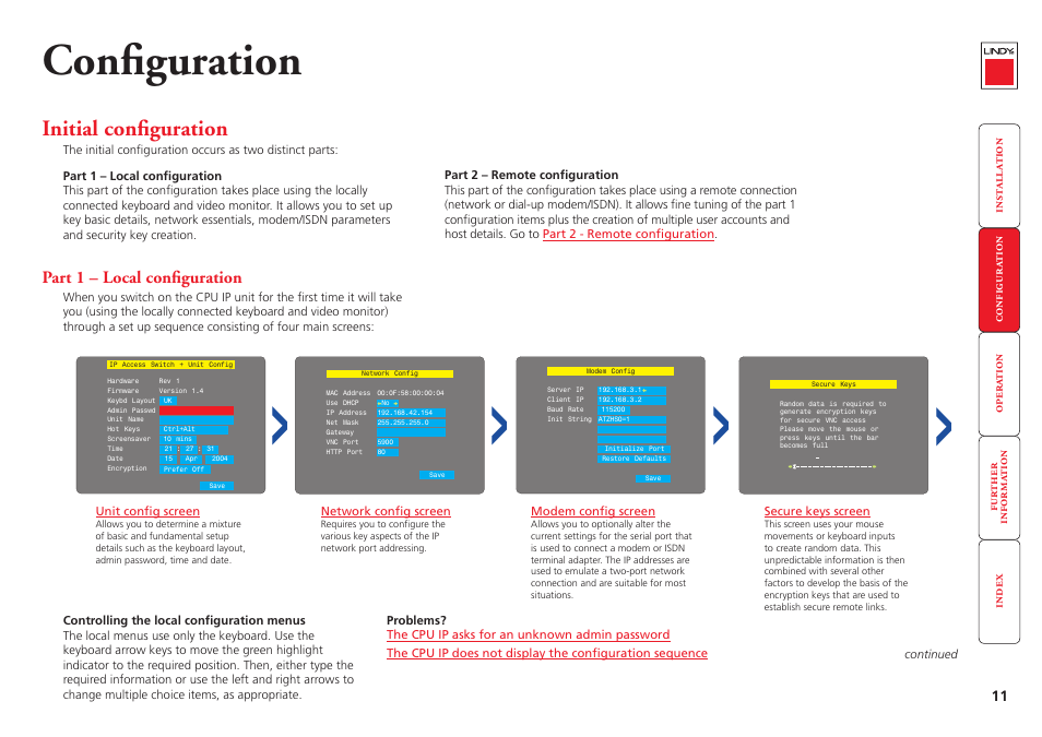 Configuration, Initial configuration, Part 1 – local configuration | Lindy CPU IP Access Switch Plus User Manual | Page 12 / 64