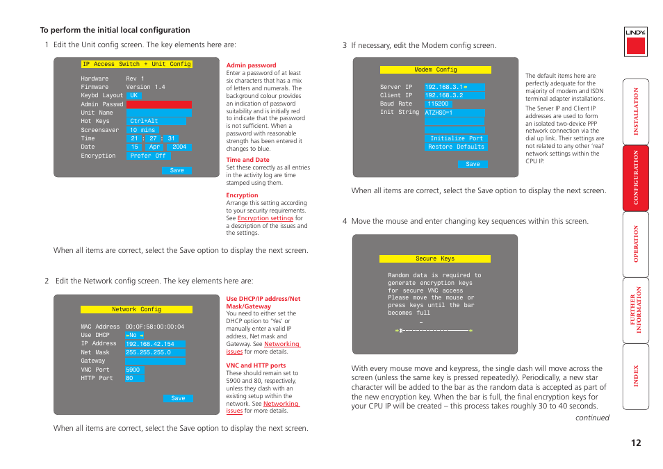 Unit config screen, Network config screen, Modem config screen | Secure keys screen | Lindy CPU IP Access Switch Plus User Manual | Page 13 / 64