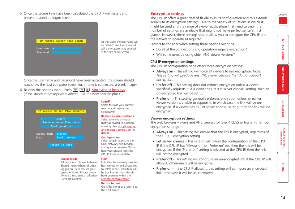 Encryption settings | Lindy CPU IP Access Switch Plus User Manual | Page 14 / 64