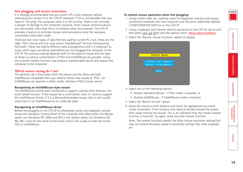 Hot plugging and mouse restoration, Hot plugging and mouse, Restoration | Hot plugging, And mouse restoration | Lindy CPU IP Access Switch Plus User Manual | Page 15 / 64