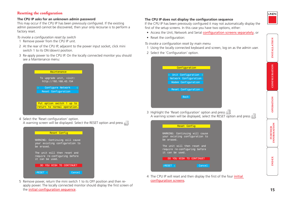 Resetting the configuration | Lindy CPU IP Access Switch Plus User Manual | Page 16 / 64
