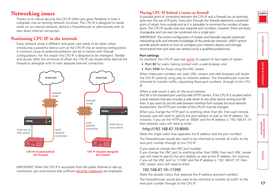 Networking issues, Positioning cpu ip in the network, Placing cpu ip behind a router or firewall | Efer to, Within the network - see, Networking, Issues, Network. see | Lindy CPU IP Access Switch Plus User Manual | Page 18 / 64