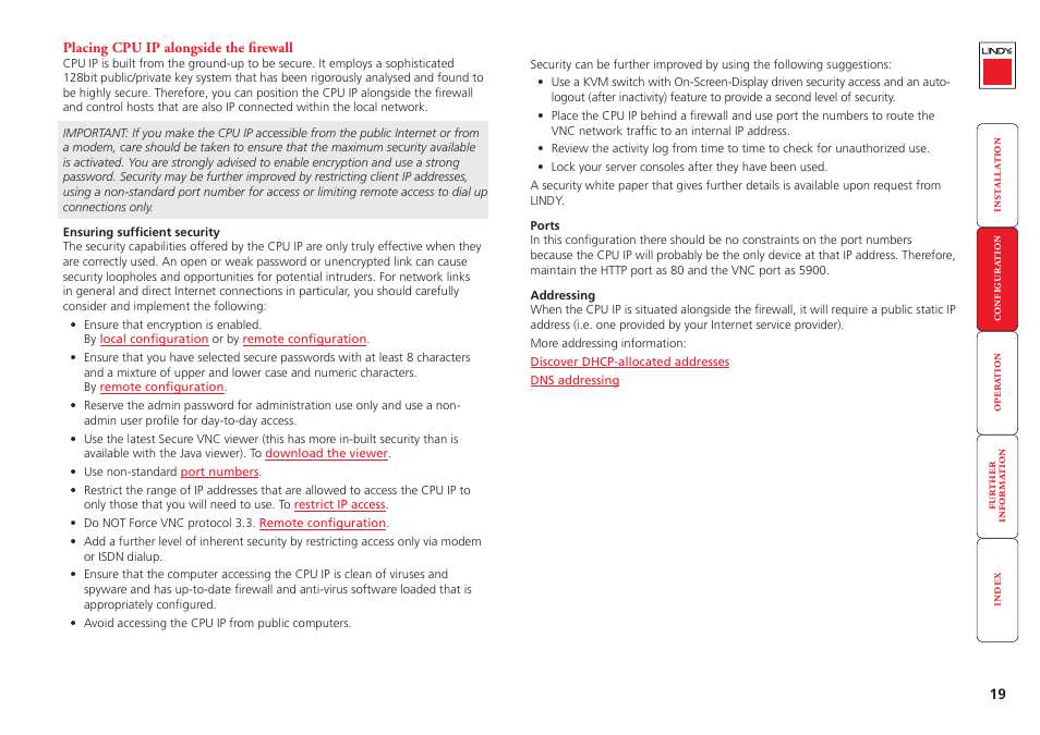 Placing cpu ip alongside the firewall, Security measures | Lindy CPU IP Access Switch Plus User Manual | Page 20 / 64